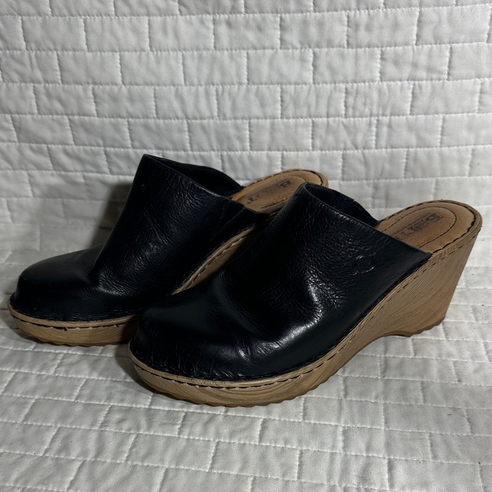 Born Natalie black leather clog with a wood-print wedge heel